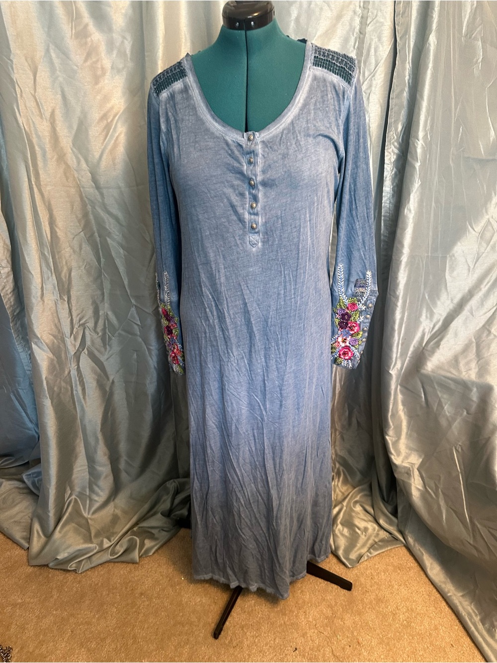 Sundance Blue Embroidered Long-Sleeve Maxi Dress